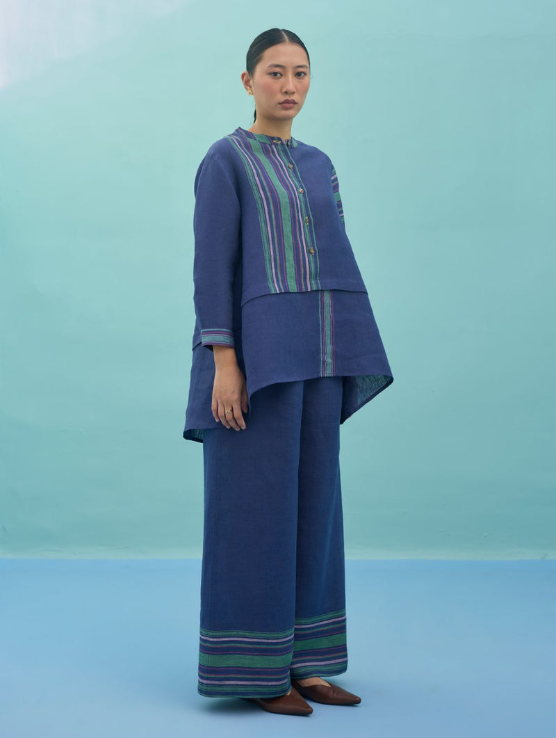 Amaya Border Linen Top - Indigo linen top/shirt by Manan in navy for women in Singapore