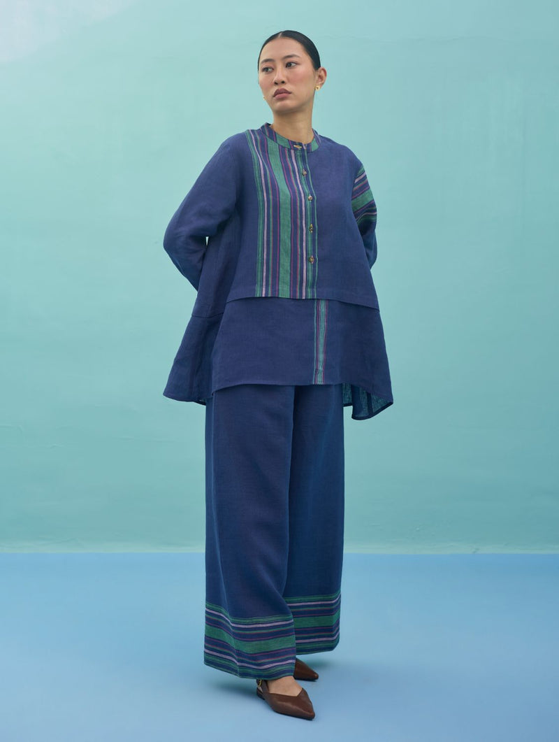 Amaya Border Linen Top - Indigo linen top/shirt by Manan in navy for women in Singapore