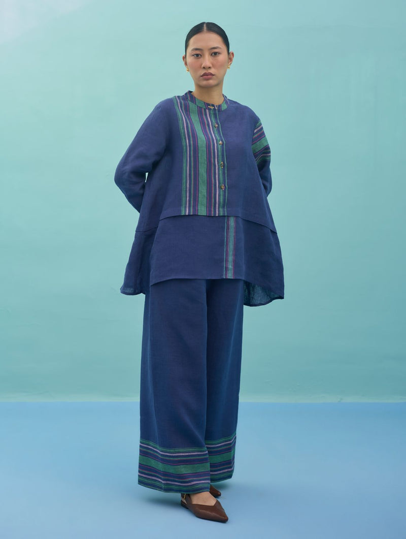 Amaya Border Linen Co-ord Set - Indigo linen co-ord set by Manan in navy for women in Singapore
