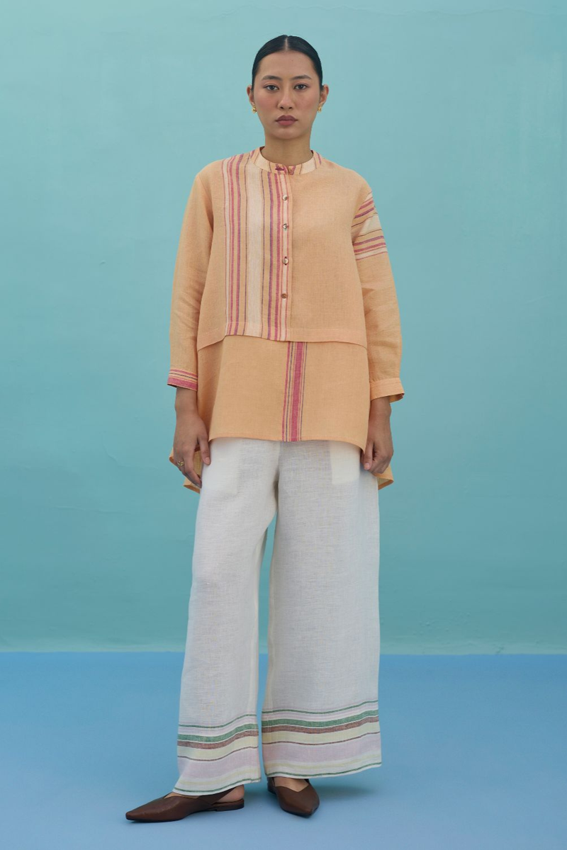 Amaya Border Linen Top - Apricot linen top/shirt by Manan in apricot for women in Singapore