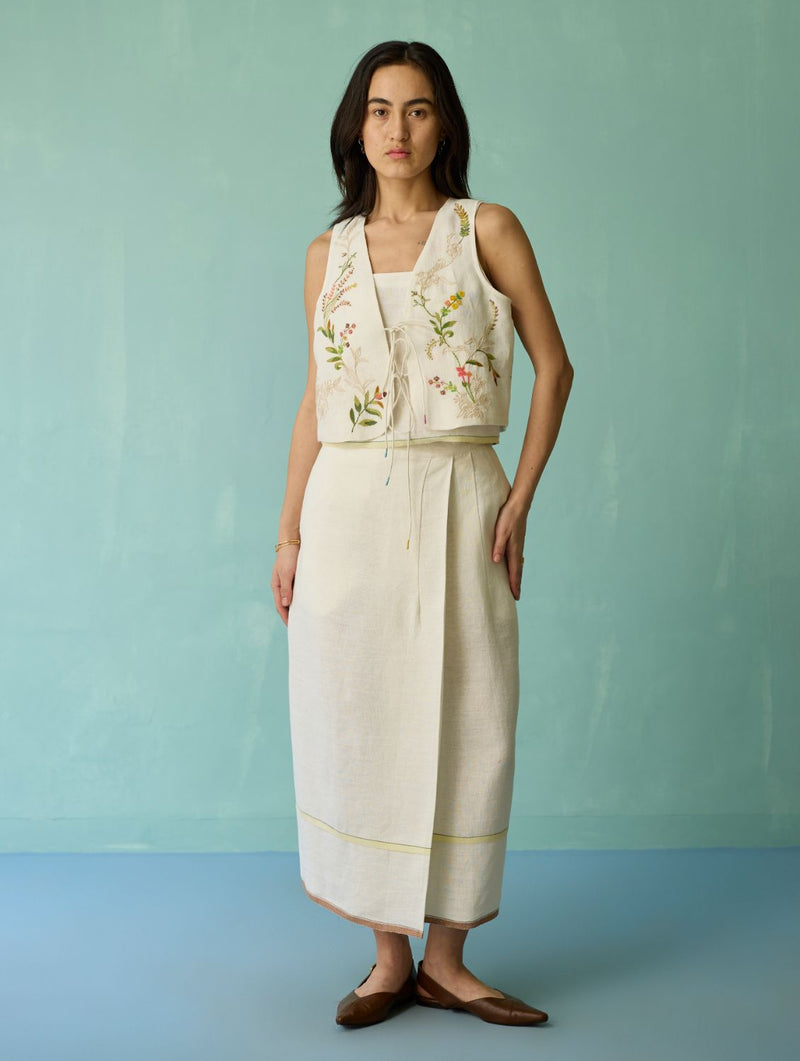 Eon Hand-Embroidered Floral Vest Co-ord Set - Ivory linen co-ord set by Manan in ivory for women in Singapore