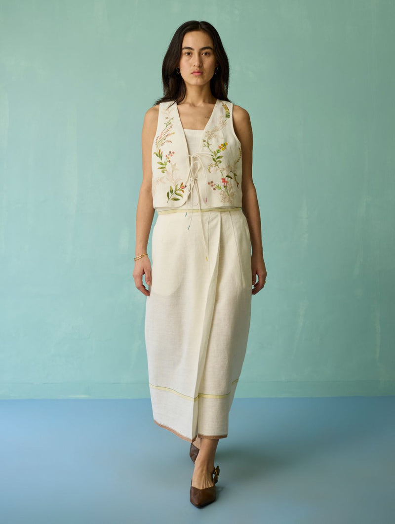 Eon Hand-Embroidered Floral Vest Co-ord Set - Ivory linen co-ord set by Manan in ivory for women in Singapore