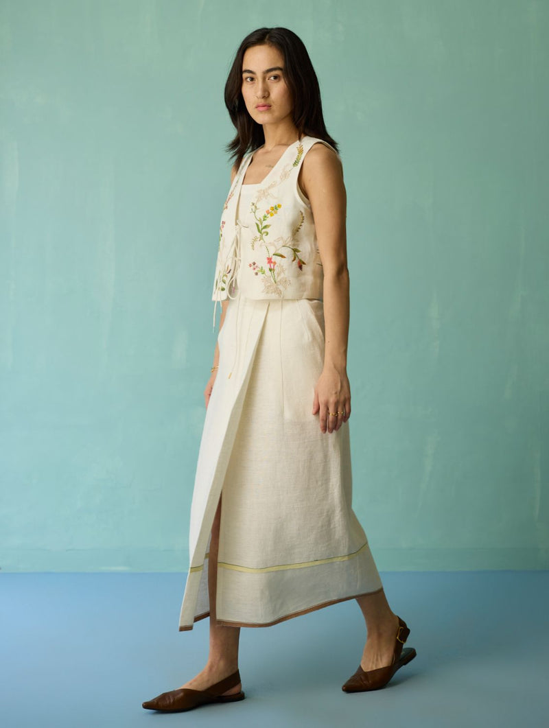 Eon Hand-Embroidered Floral Vest Co-ord Set - Ivory linen co-ord set by Manan in ivory for women in Singapore