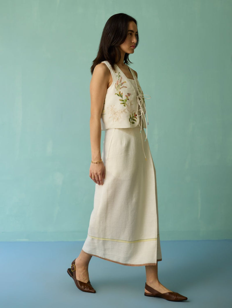 Eon Hand-Embroidered Floral Vest Co-ord Set - Ivory linen co-ord set by Manan in ivory for women in Singapore