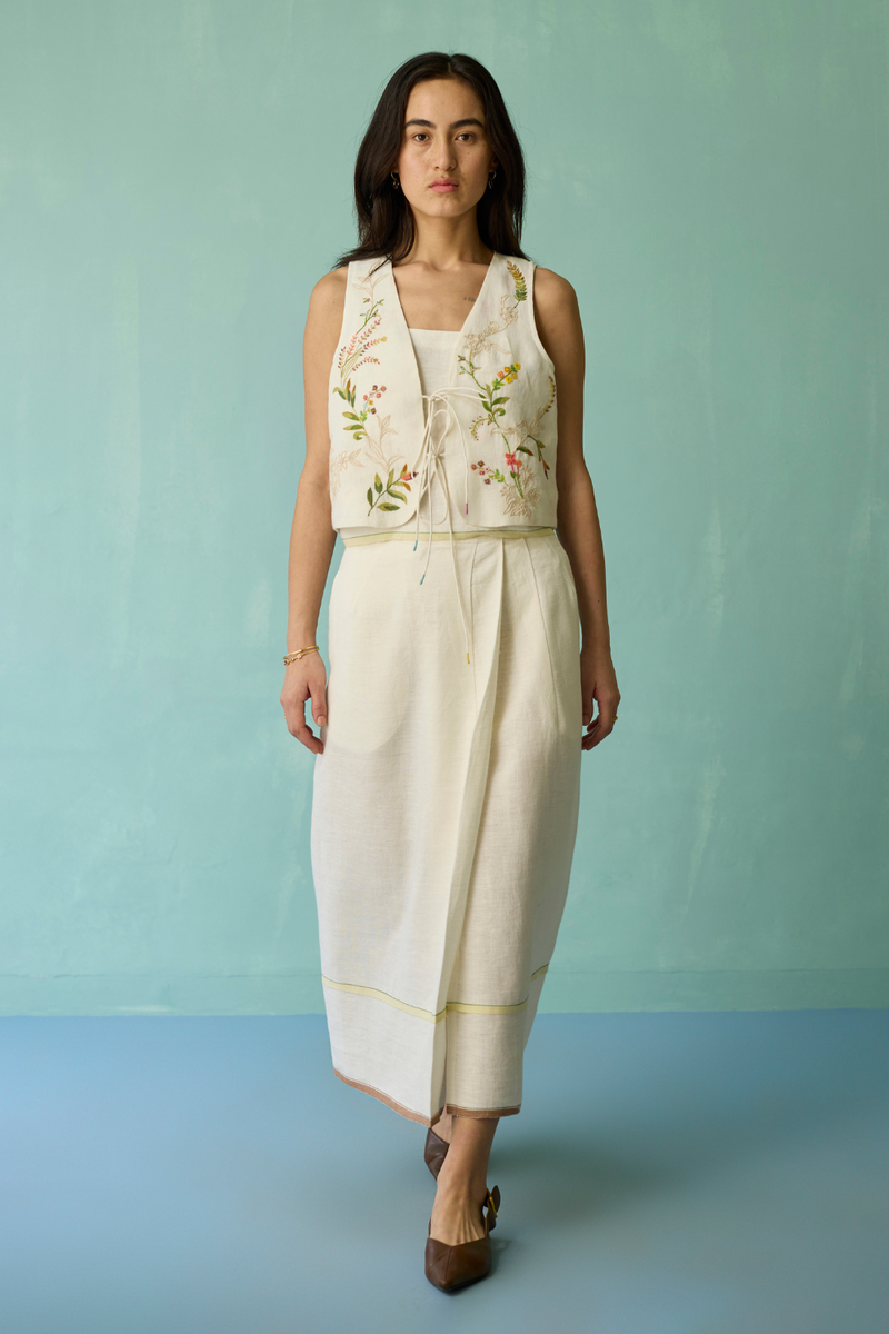 Eon Hand-Embroidered Floral Vest Co-ord Set - Ivory linen co-ord set by Manan in ivory for women in Singapore