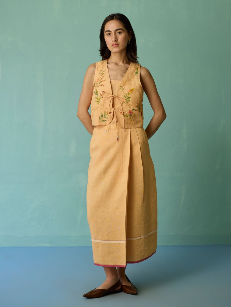 Eon Hand-Embroidered Floral Vest Co-ord Set - Apricot linen co-ord set by Manan in apricot for women in Singapore