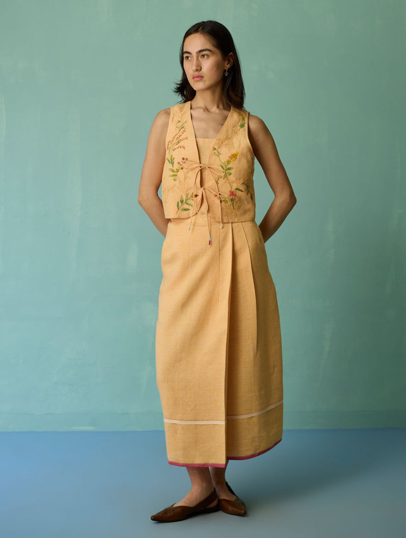 Eon Hand-Embroidered Floral Vest Co-ord Set - Apricot linen co-ord set by Manan in apricot for women in Singapore