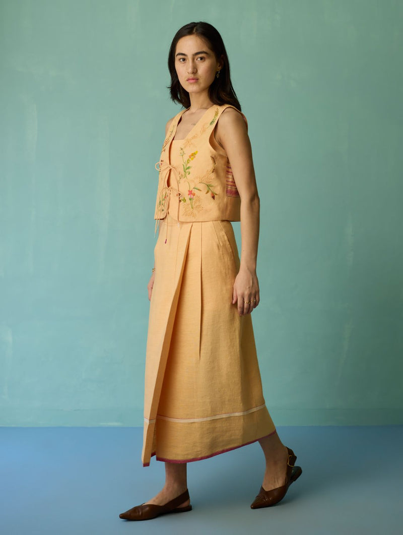 Eon Hand-Embroidered Floral Vest Co-ord Set - Apricot linen co-ord set by Manan in apricot for women in Singapore