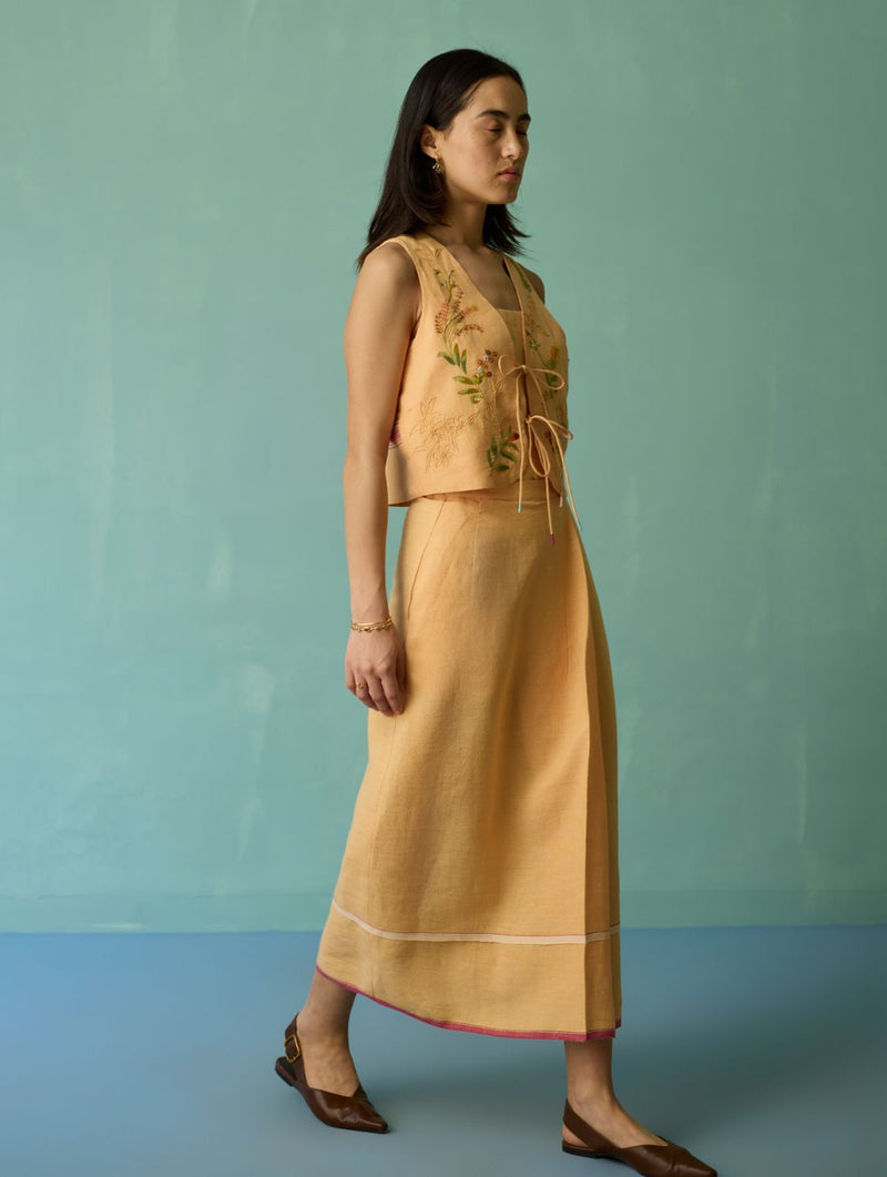 Eon Hand-Embroidered Floral Vest Co-ord Set - Apricot linen co-ord set by Manan in apricot for women in Singapore