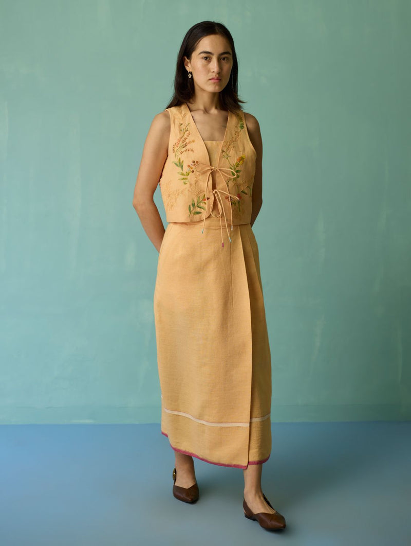 Eon Hand-Embroidered Floral Vest Co-ord Set - Apricot linen co-ord set by Manan in apricot for women in Singapore