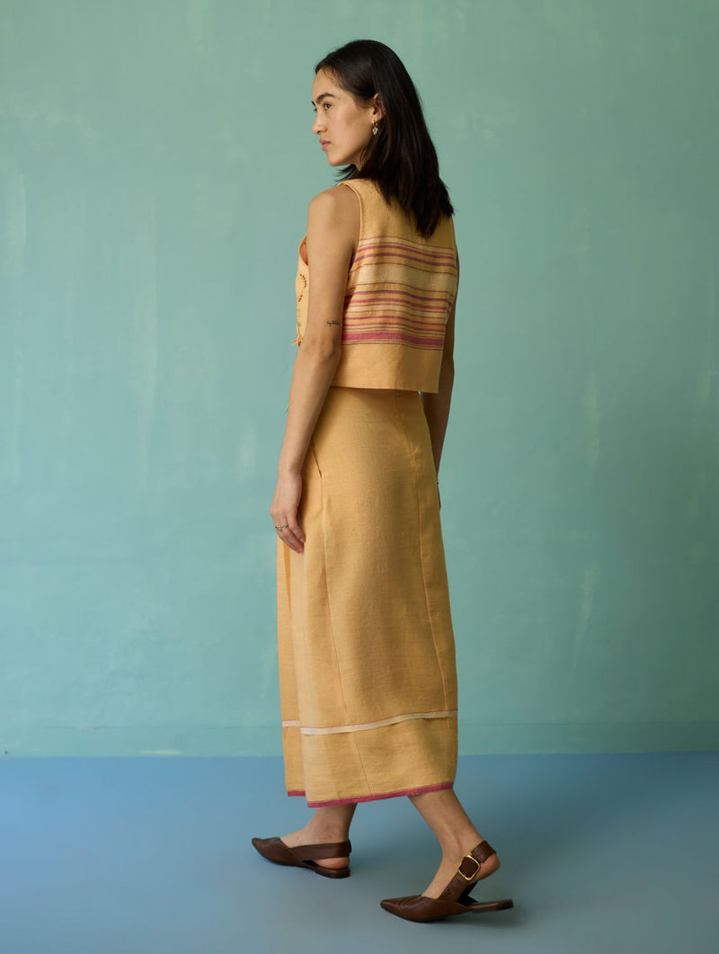 Eon Hand-Embroidered Floral Vest Co-ord Set - Apricot linen co-ord set by Manan in apricot for women in Singapore