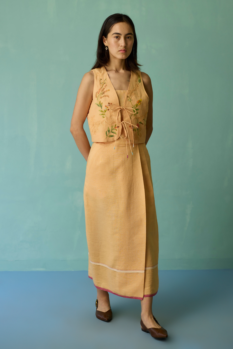 Eon Hand-Embroidered Floral Vest Co-ord Set - Apricot linen co-ord set by Manan in apricot for women in Singapore