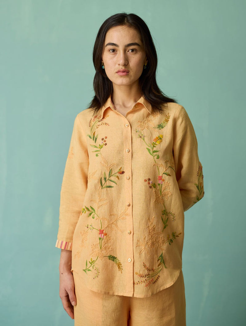 Kima Hand-Embroidered Floral Co-ord Set - Apricot linen co-ord set by Manan in apricot for women in Singapore