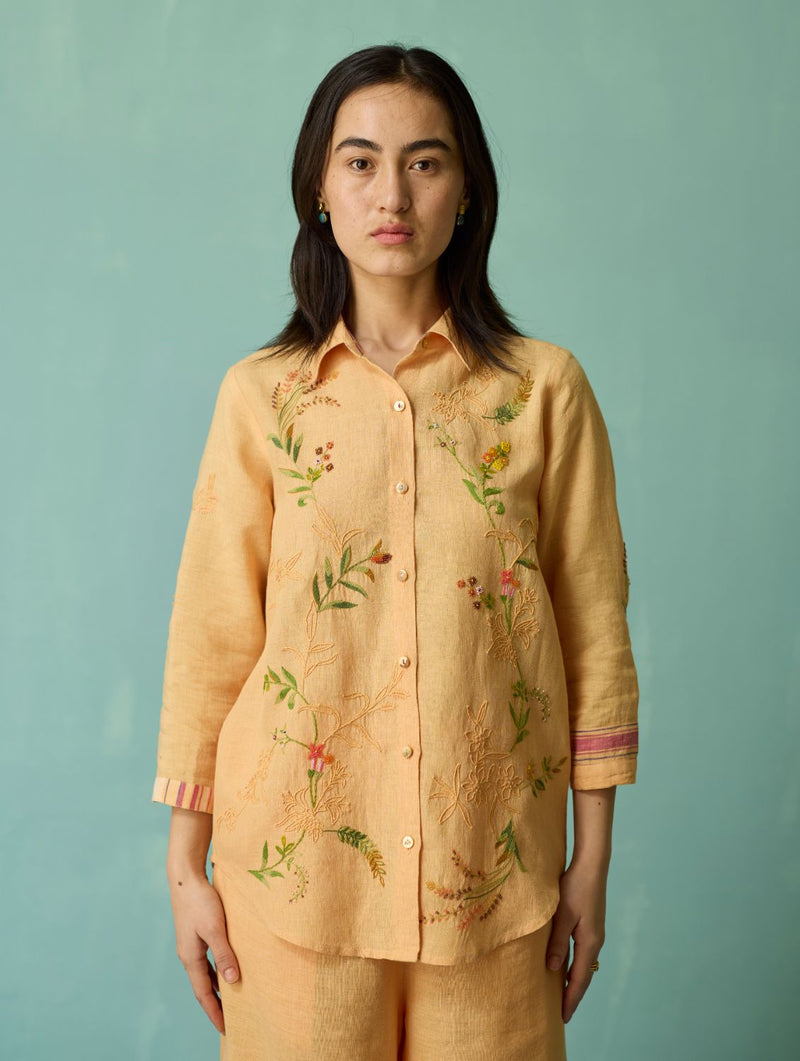 Kima Hand-Embroidered Floral Co-ord Set - Apricot linen co-ord set by Manan in apricot for women in Singapore