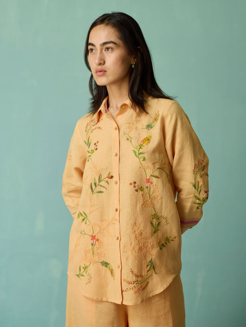 Kima Hand-Embroidered Floral Co-ord Set - Apricot linen co-ord set by Manan in apricot for women in Singapore