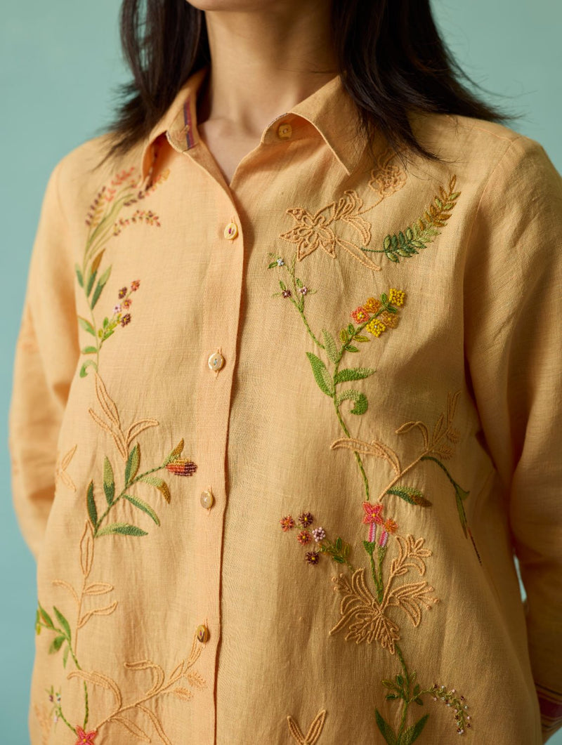 Kima Hand-Embroidered Floral Co-ord Set - Apricot linen co-ord set by Manan in apricot for women in Singapore