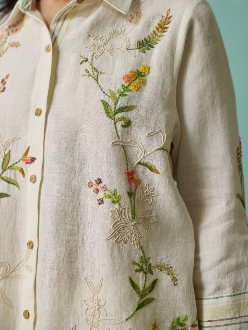 Kima Hand-Embroidered Floral Co-ord Set - Ivory linen co-ord set by Manan in ivory for women in Singapore