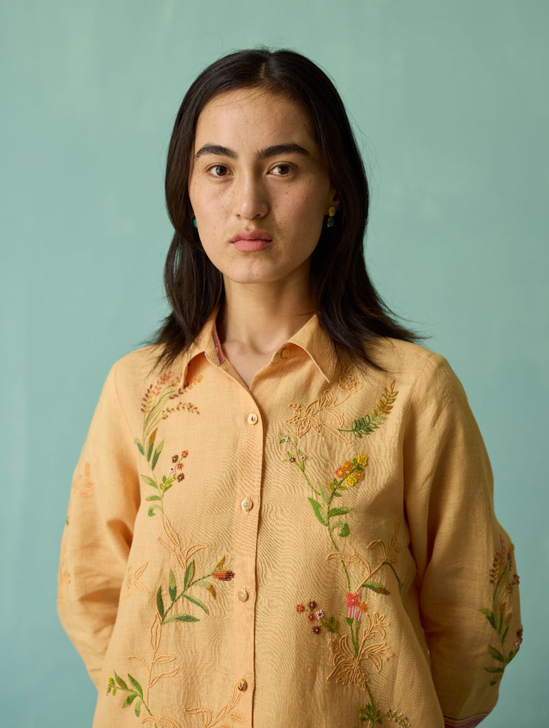 Kima Hand-Embroidered Floral Co-ord Set - Apricot linen co-ord set by Manan in apricot for women in Singapore