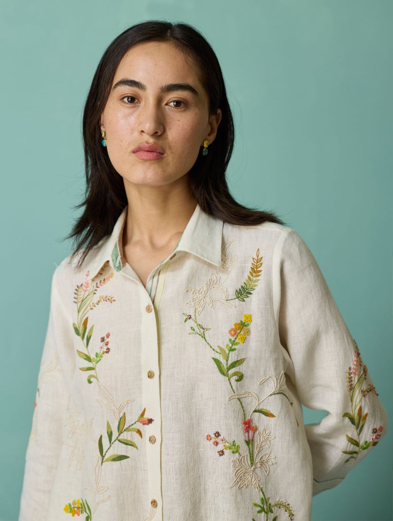 Kima Hand-Embroidered Floral Co-ord Set - Ivory linen co-ord set by Manan in ivory for women in Singapore