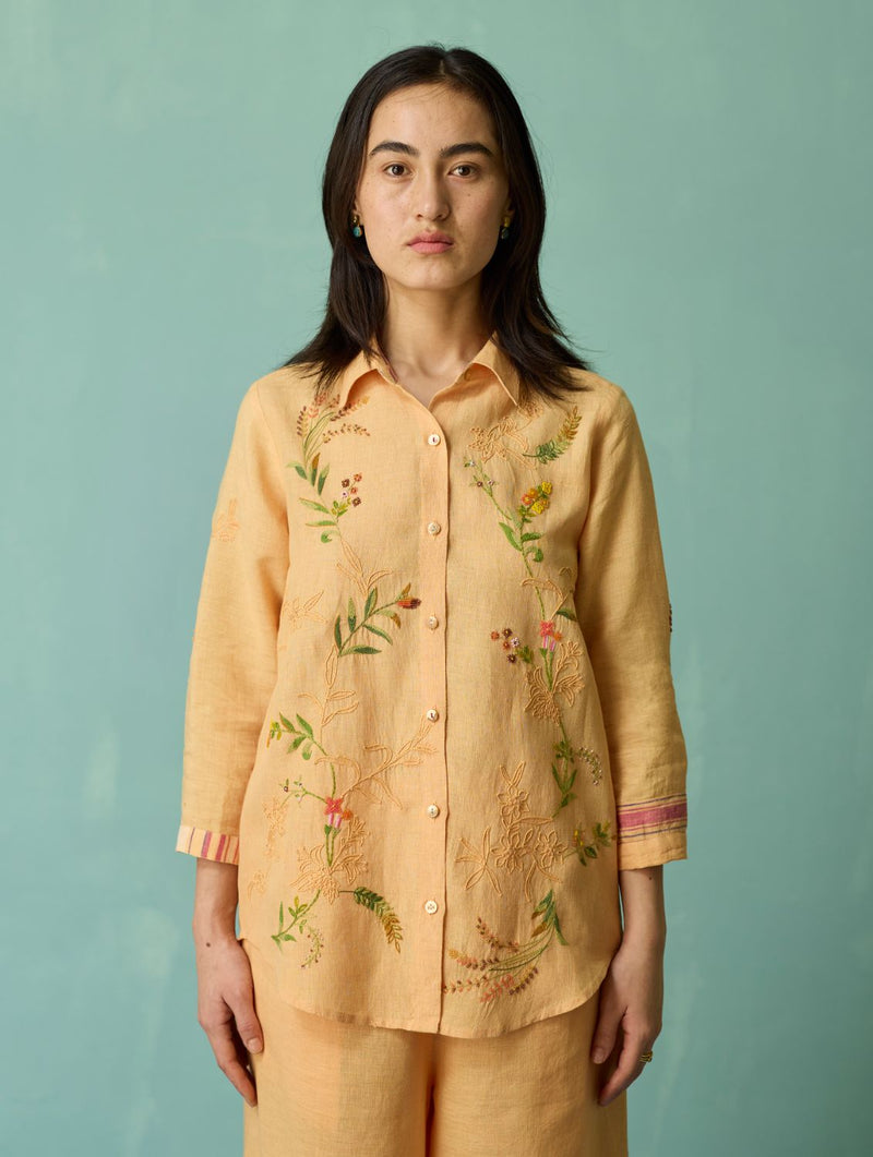 Kima Hand-Embroidered Floral Co-ord Set - Apricot linen co-ord set by Manan in apricot for women in Singapore