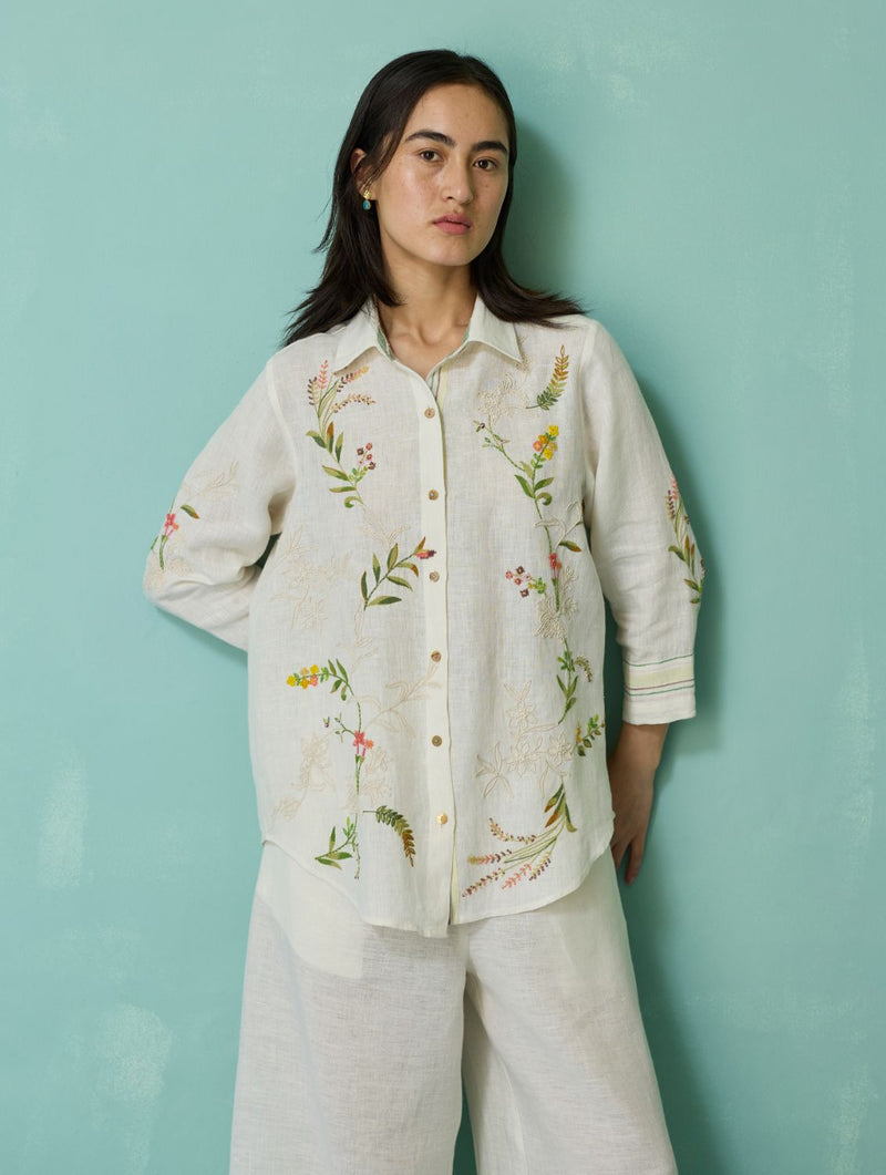 Kima Hand-Embroidered Floral Co-ord Set - Ivory linen co-ord set by Manan in ivory for women in Singapore