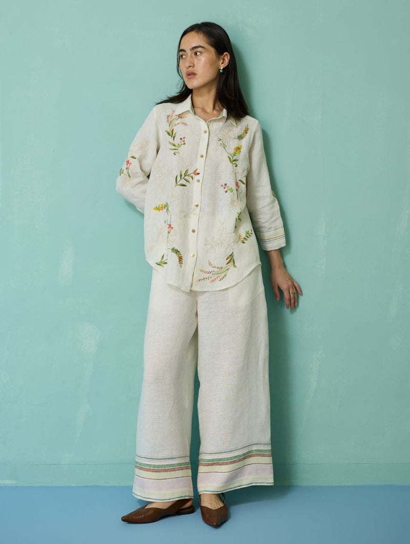 Kima Hand-Embroidered Floral Co-ord Set - Ivory linen co-ord set by Manan in ivory for women in Singapore