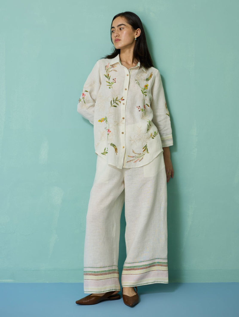 Kima Hand-Embroidered Floral Co-ord Set - Ivory linen co-ord set by Manan in ivory for women in Singapore