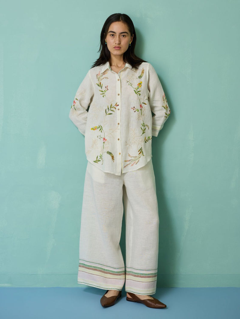 Kima Hand-Embroidered Floral Co-ord Set - Ivory linen co-ord set by Manan in ivory for women in Singapore
