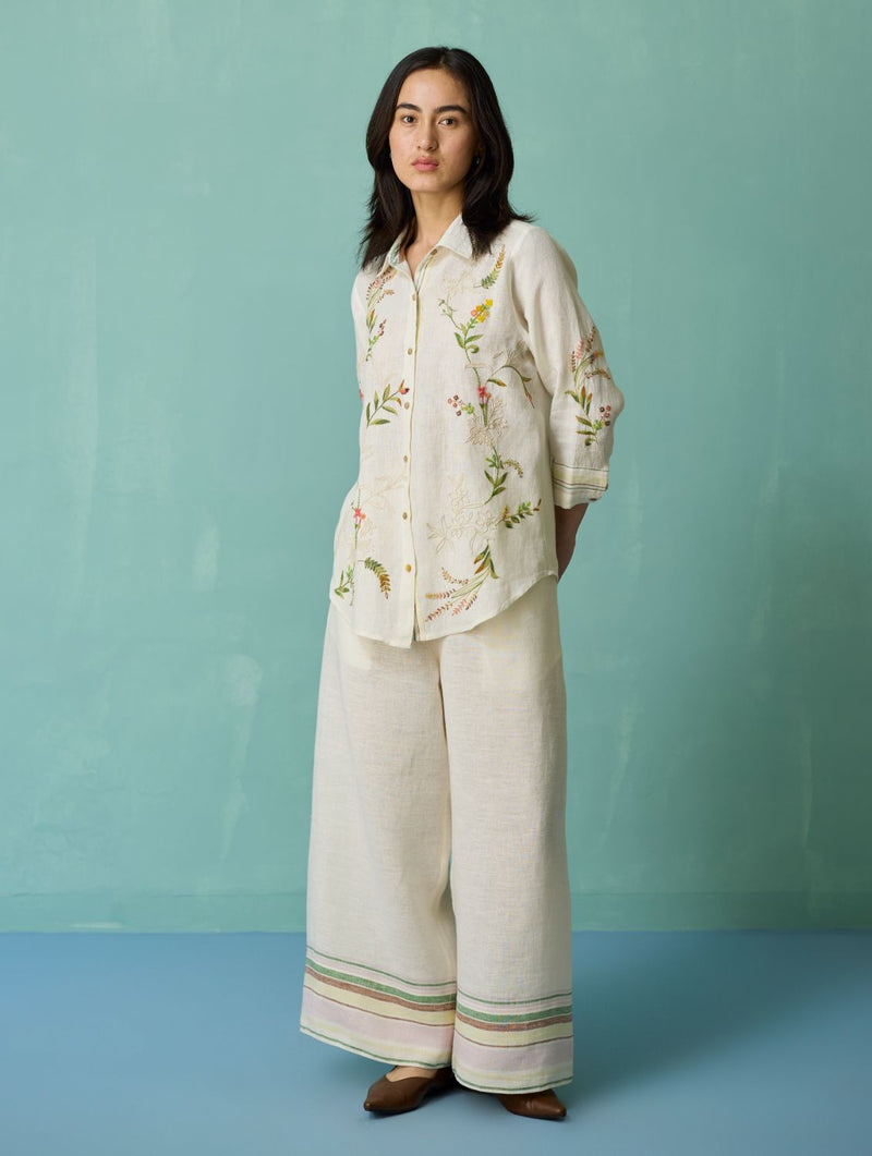 Kima Hand-Embroidered Floral Co-ord Set - Ivory linen co-ord set by Manan in ivory for women in Singapore