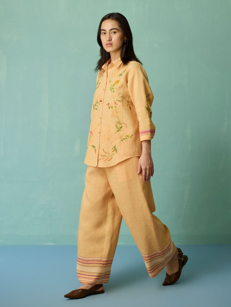Kima Hand-Embroidered Floral Co-ord Set - Apricot linen co-ord set by Manan in apricot for women in Singapore