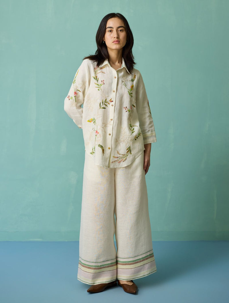 Kima Hand-Embroidered Floral Co-ord Set - Ivory linen co-ord set by Manan in ivory for women in Singapore