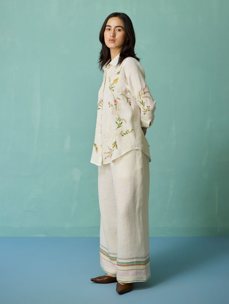 Kima Hand-Embroidered Floral Co-ord Set - Ivory linen co-ord set by Manan in ivory for women in Singapore