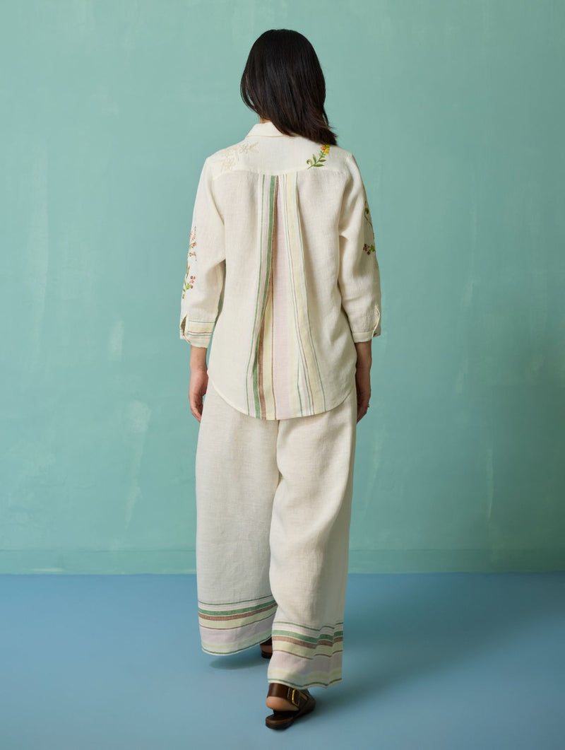 Kima Hand-Embroidered Floral Co-ord Set - Ivory linen co-ord set by Manan in ivory for women in Singapore