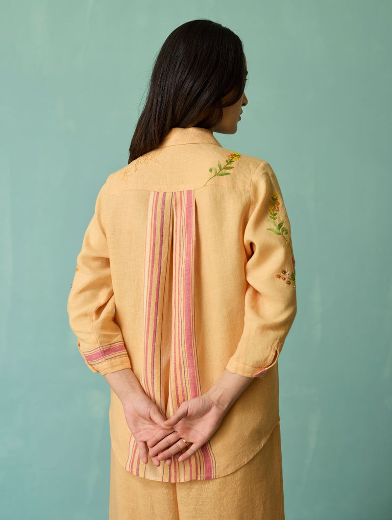 Kima Hand-Embroidered Floral Co-ord Set - Apricot linen co-ord set by Manan in apricot for women in Singapore