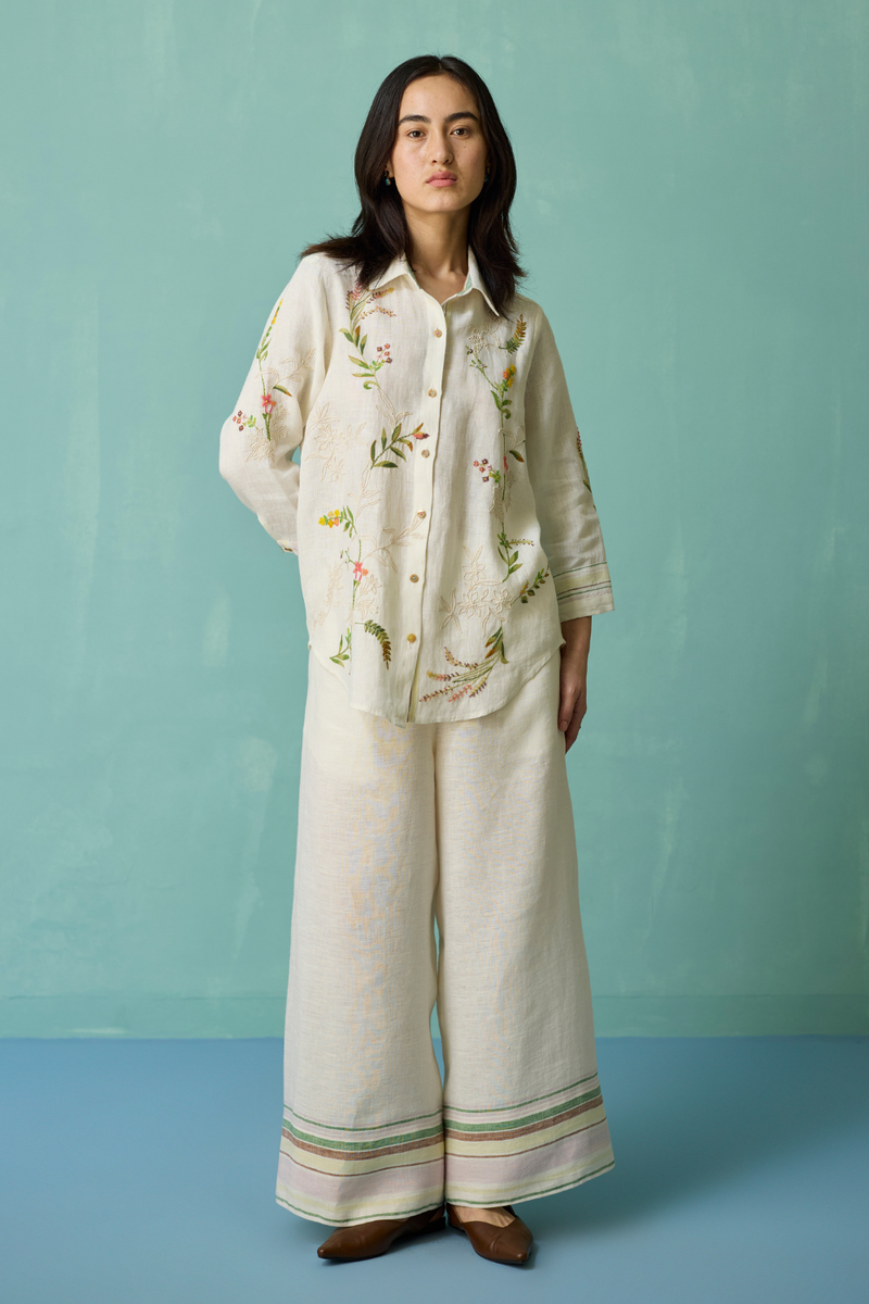 Kima Hand-Embroidered Floral Co-ord Set - Ivory linen co-ord set by Manan in ivory for women in Singapore