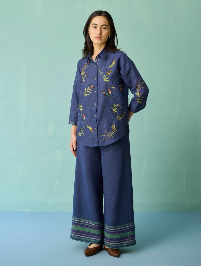 Kima Hand-Embroidered Floral Co-ord Set - Indigo linen co-ord set by Manan in navy for women in Singapore