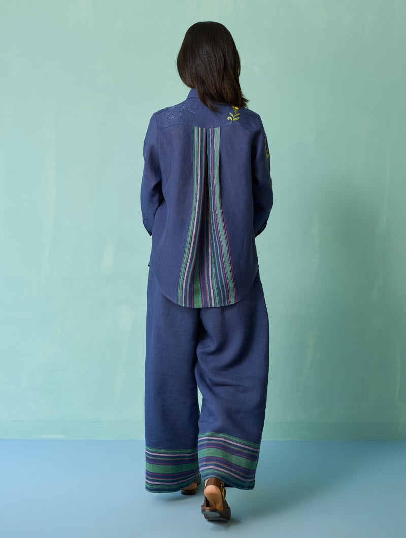 Kima Hand-Embroidered Floral Co-ord Set - Indigo linen co-ord set by Manan in navy for women in Singapore