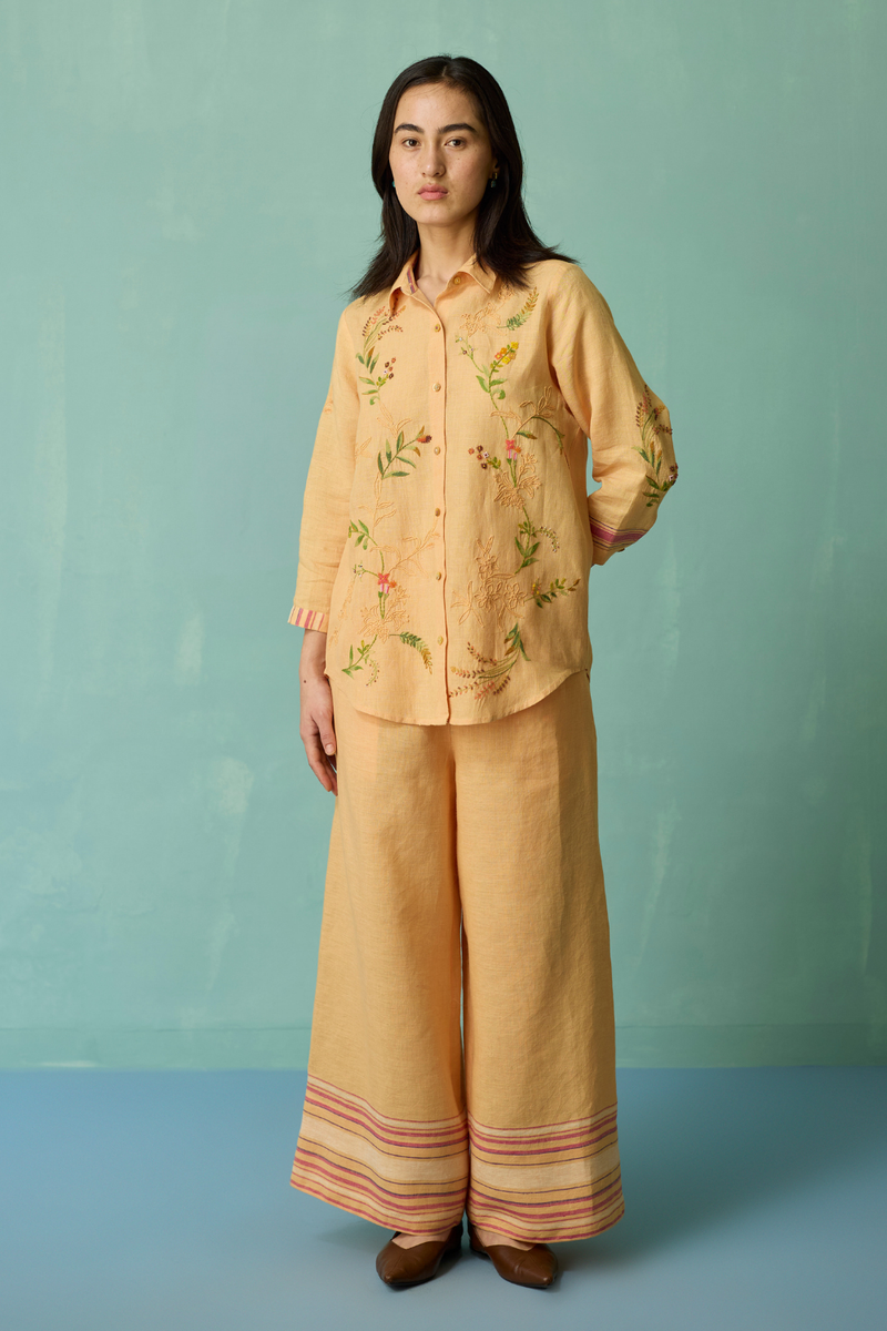 Kima Hand-Embroidered Floral Co-ord Set - Apricot linen co-ord set by Manan in apricot for women in Singapore
