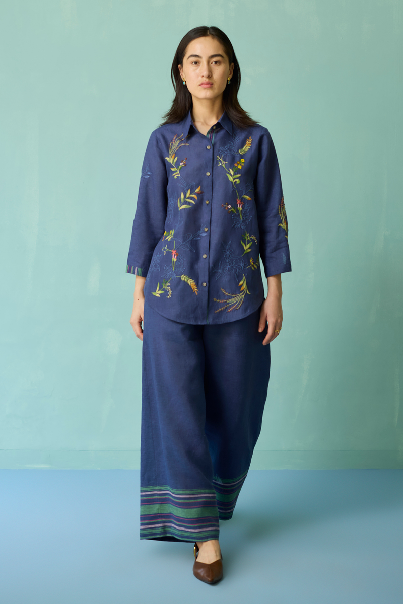 Kima Hand-Embroidered Floral Co-ord Set - Indigo linen co-ord set by Manan in navy for women in Singapore