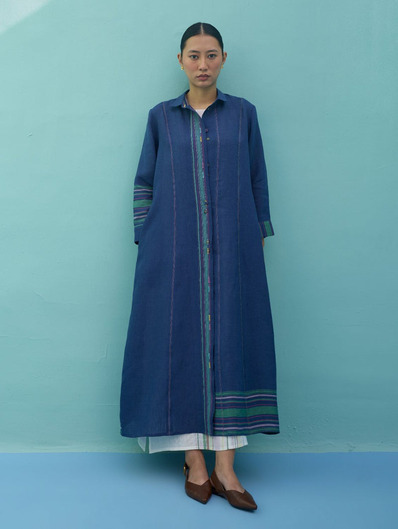 Beli Sleeveless Border Linen Dress with Overlay - Ivory linen dress by Manan in ivory for women in Singapore