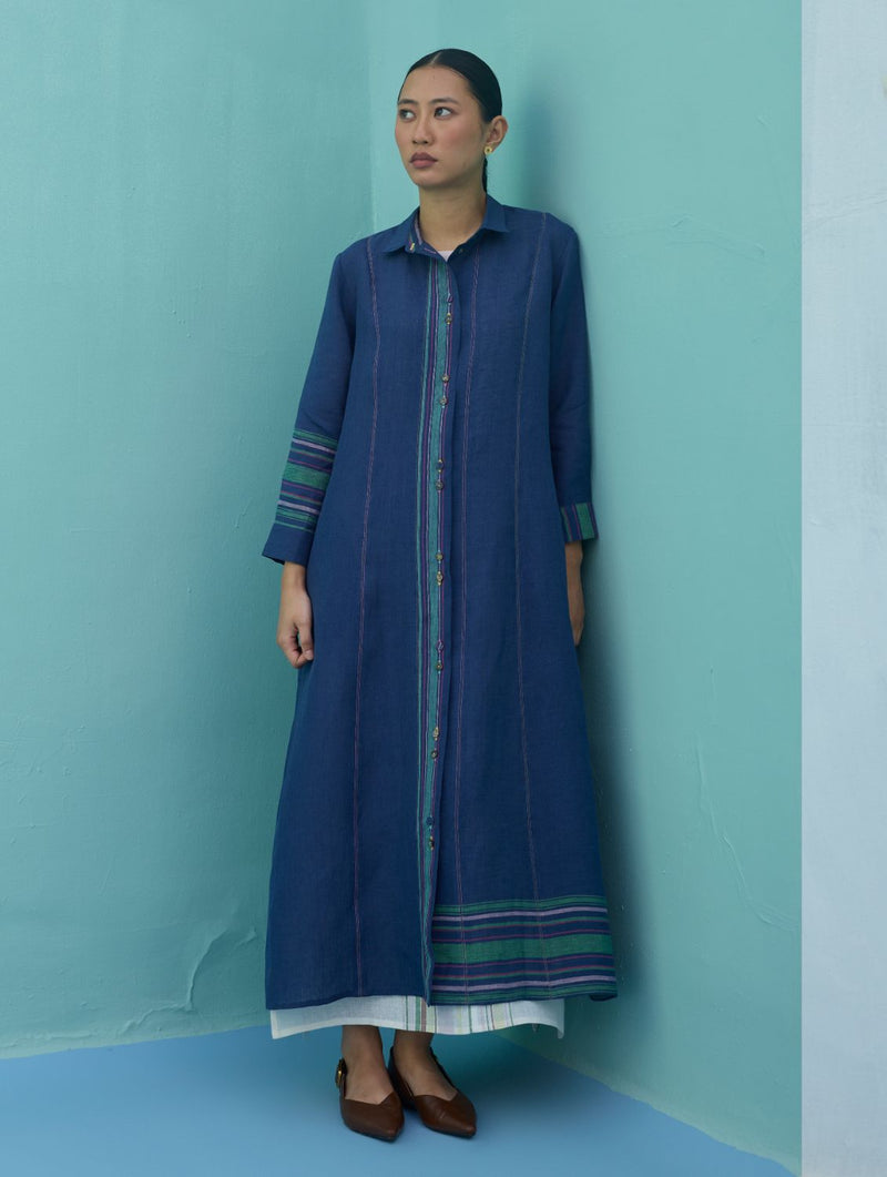 Beli Sleeveless Border Linen Dress with Overlay - Ivory linen dress by Manan in ivory for women in Singapore