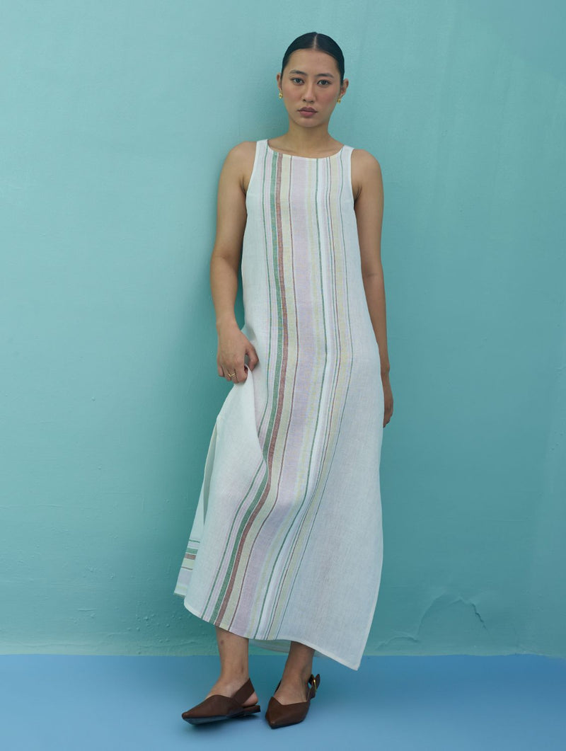 Beli Sleeveless Border Linen Dress with Overlay - Ivory linen dress by Manan in ivory for women in Singapore