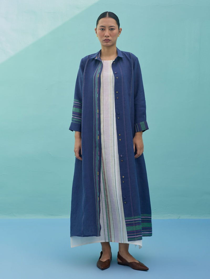 Beli Sleeveless Border Linen Dress with Overlay - Ivory linen dress by Manan in ivory for women in Singapore
