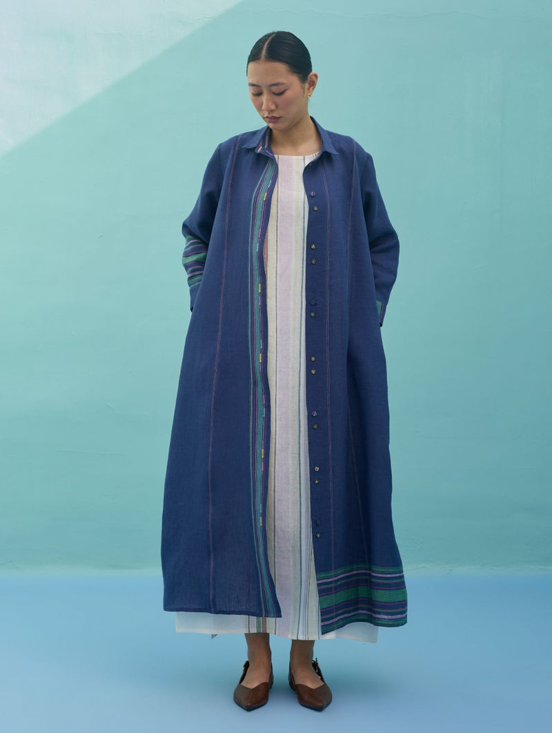 Beli Sleeveless Border Linen Dress with Overlay - Ivory linen dress by Manan in ivory for women in Singapore