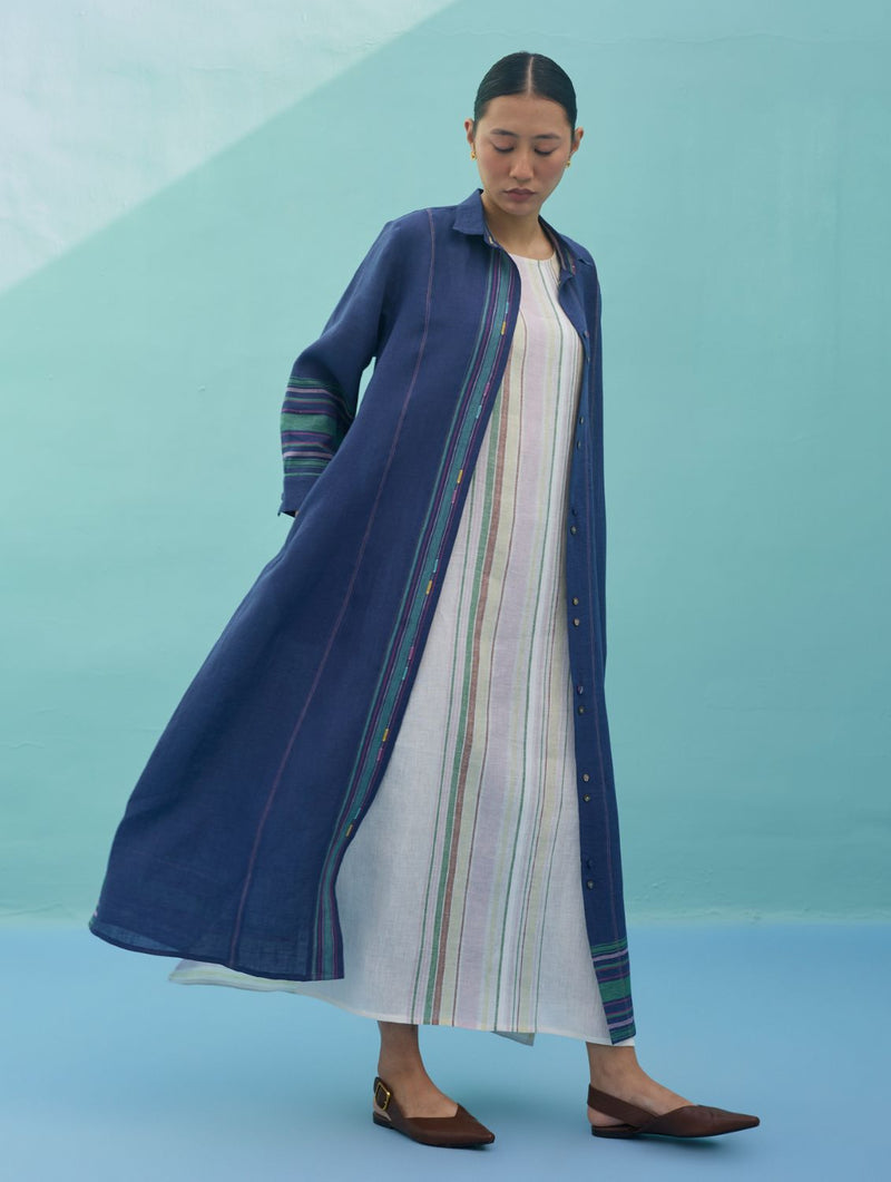 Beli Sleeveless Border Linen Dress with Overlay - Ivory linen dress by Manan in ivory for women in Singapore