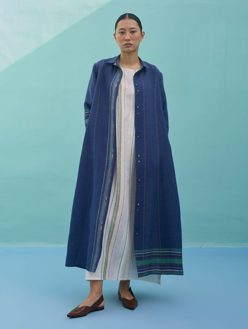 Beli Sleeveless Border Linen Dress with Overlay - Ivory linen dress by Manan in ivory for women in Singapore