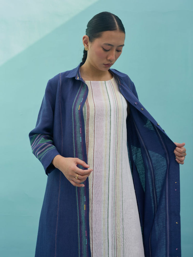Beli Sleeveless Border Linen Dress with Overlay - Ivory linen dress by Manan in ivory for women in Singapore