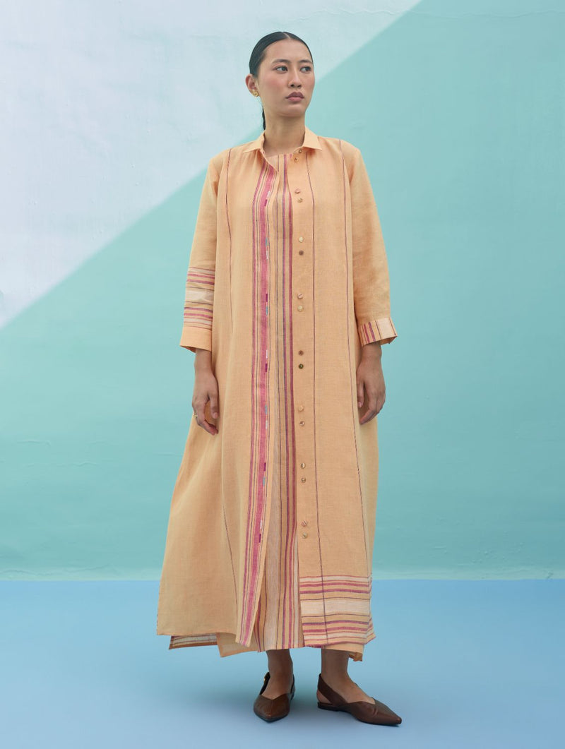 Beli Sleeveless Border Linen Dress with Overlay - Apricot linen dress by Manan in apricot for women in Singapore