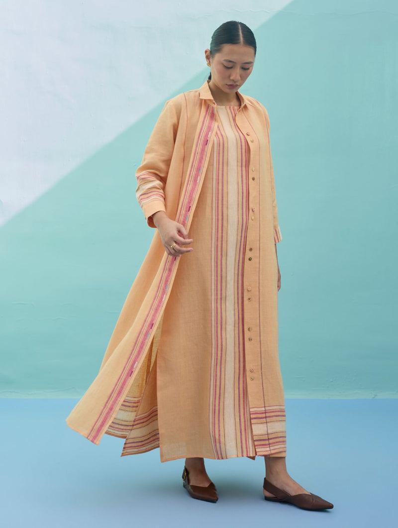 Beli Sleeveless Border Linen Dress with Overlay - Apricot linen dress by Manan in apricot for women in Singapore