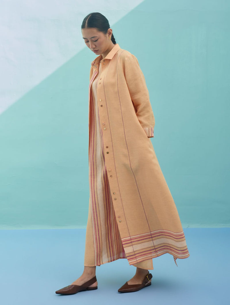 Beli Sleeveless Border Linen Dress with Overlay - Apricot linen dress by Manan in apricot for women in Singapore